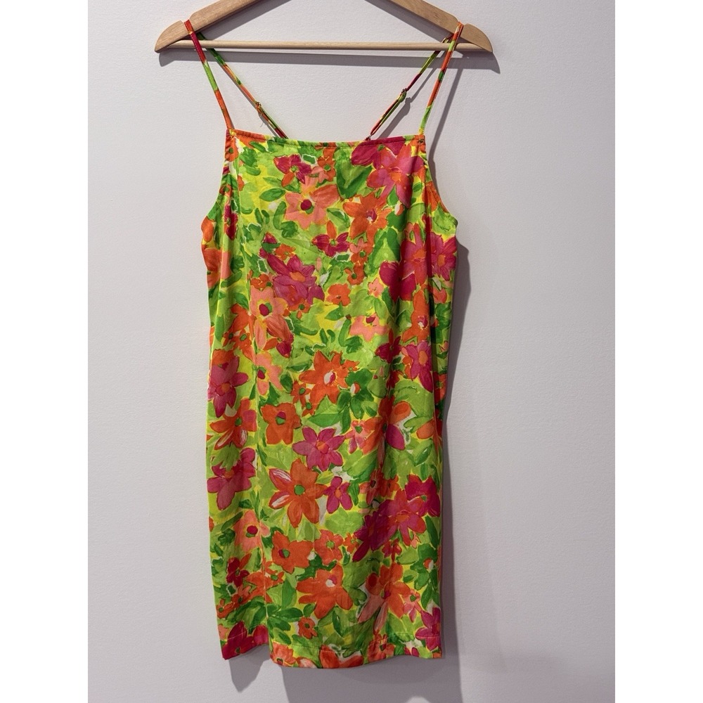 Sanctuary Chemise Womens Large Lime Silky Floral Print Tie Back Bright Bloomcore